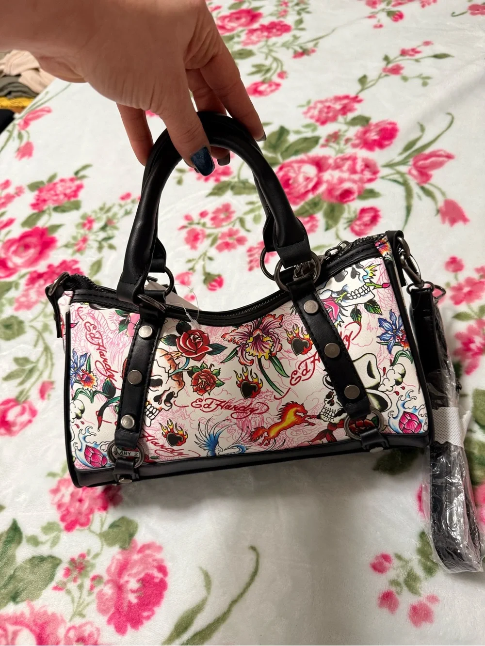Ed Hardy Pink Floral & Skull Tattoo-Print Satchel with Black Trim